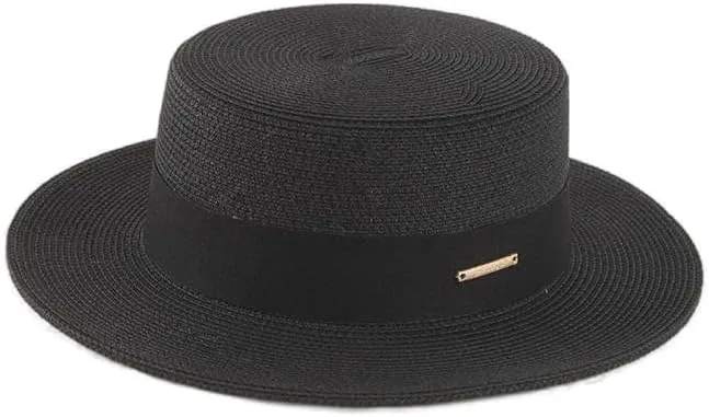 Straw Beach Sun Hat Pork-Pie Boater-Hat for Women Men - Summer Wide Brim Uv-Rays Panama Hat