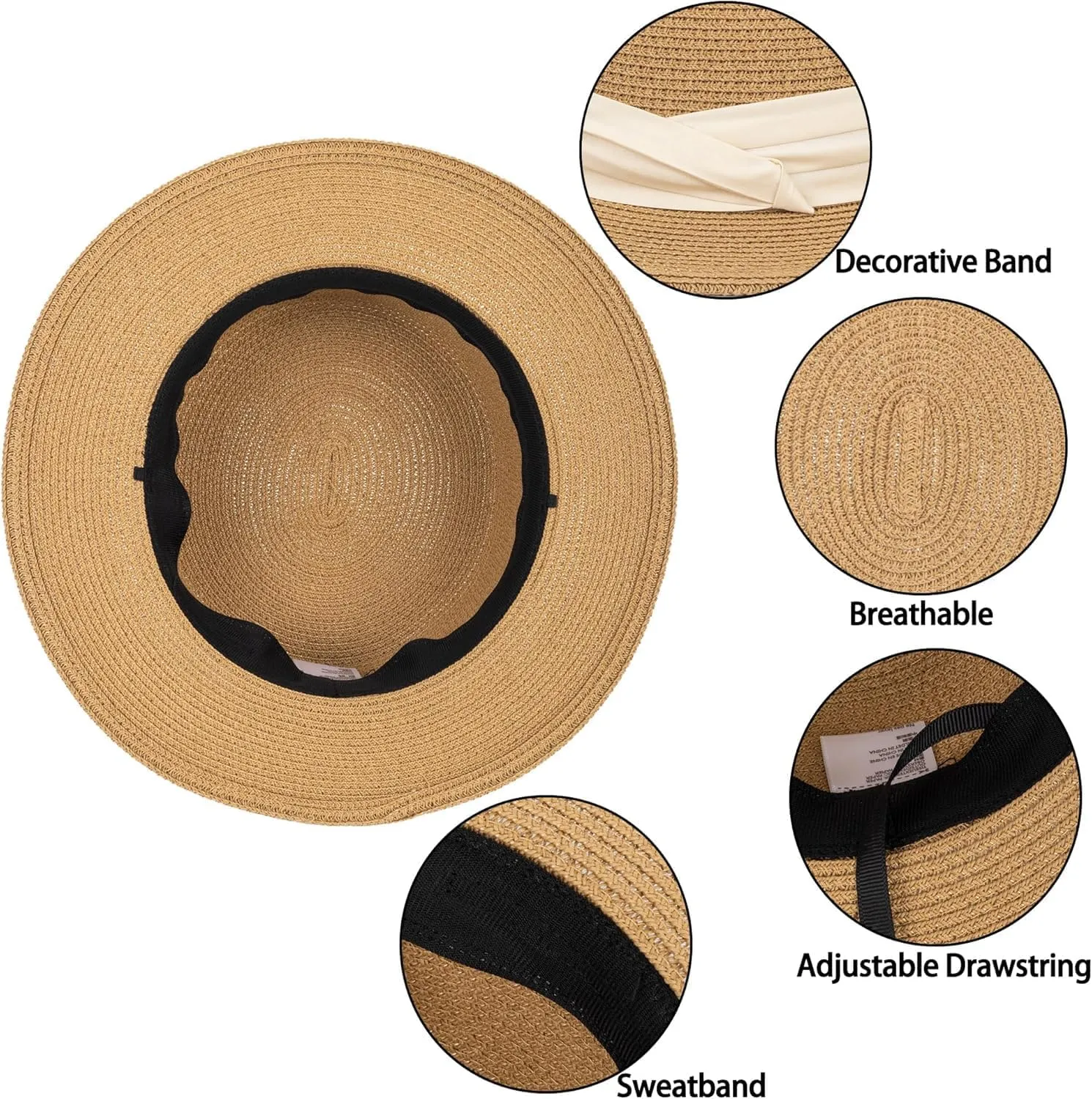 Straw Beach Sun Hat Pork-Pie Boater-Hat for Women Men - Summer Wide Brim Uv-Rays Panama Hat