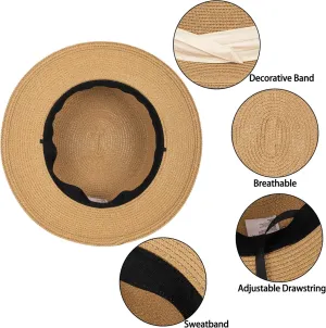 Straw Beach Sun Hat Pork-Pie Boater-Hat for Women Men - Summer Wide Brim Uv-Rays Panama Hat