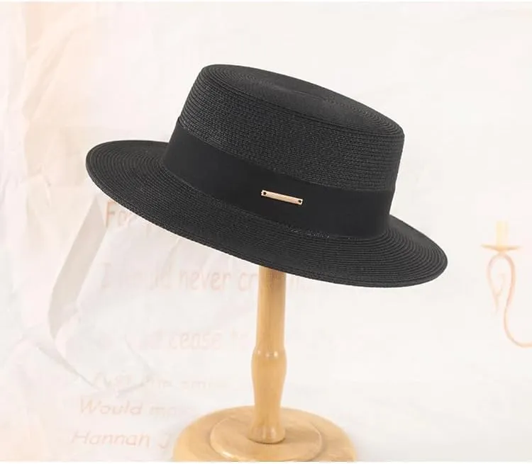 Straw Beach Sun Hat Pork-Pie Boater-Hat for Women Men - Summer Wide Brim Uv-Rays Panama Hat