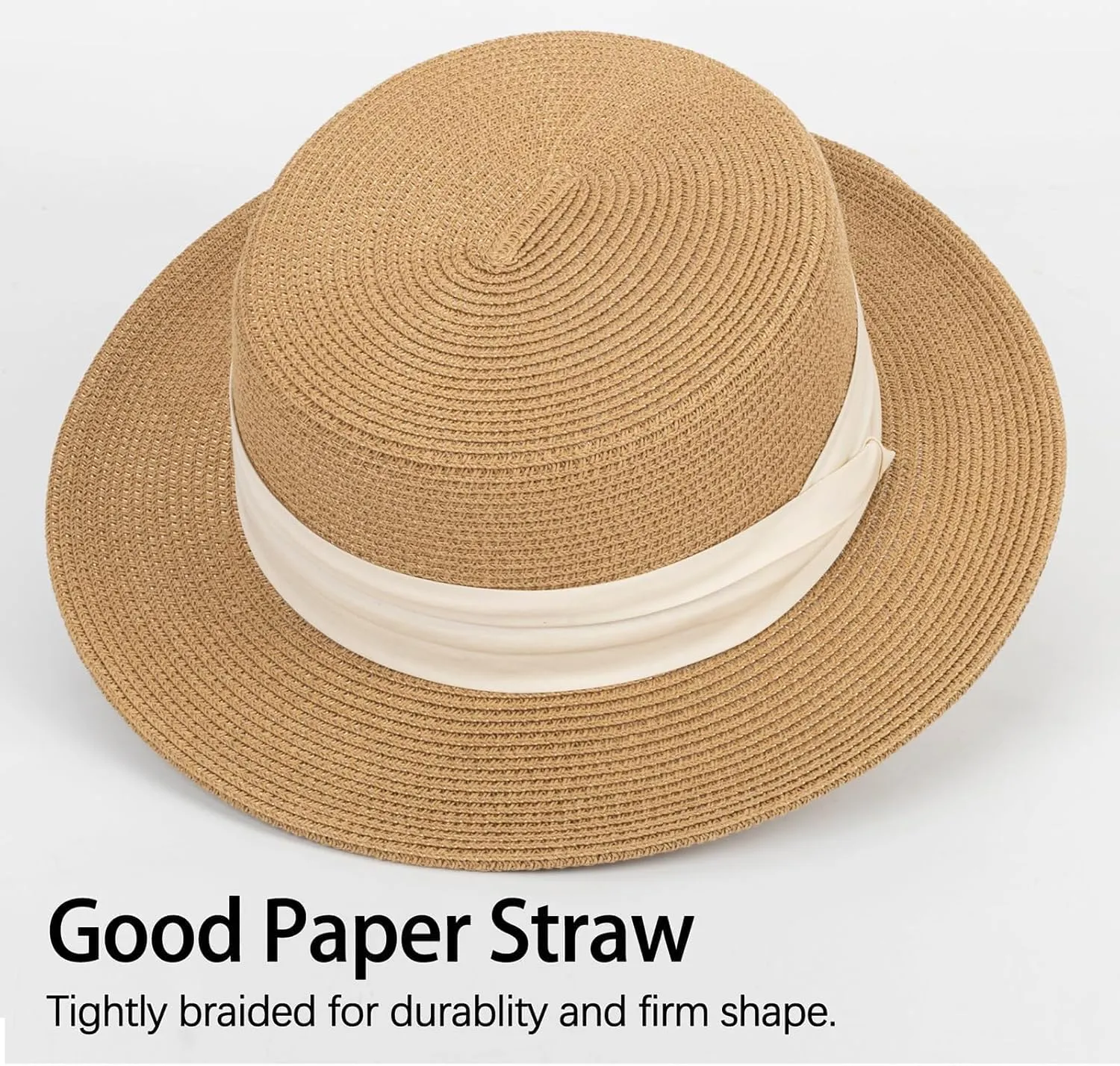 Straw Beach Sun Hat Pork-Pie Boater-Hat for Women Men - Summer Wide Brim Uv-Rays Panama Hat