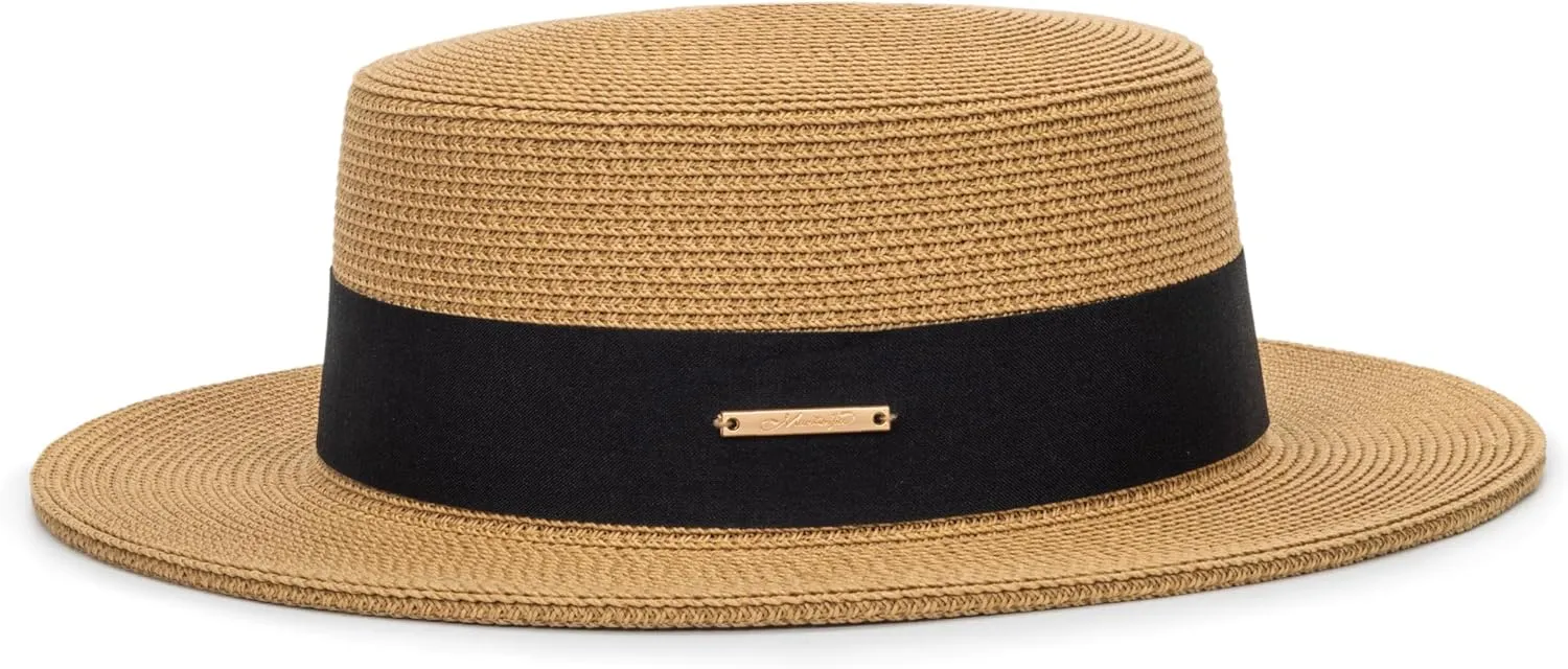 Straw Beach Sun Hat Pork-Pie Boater-Hat for Women Men - Summer Wide Brim Uv-Rays Panama Hat