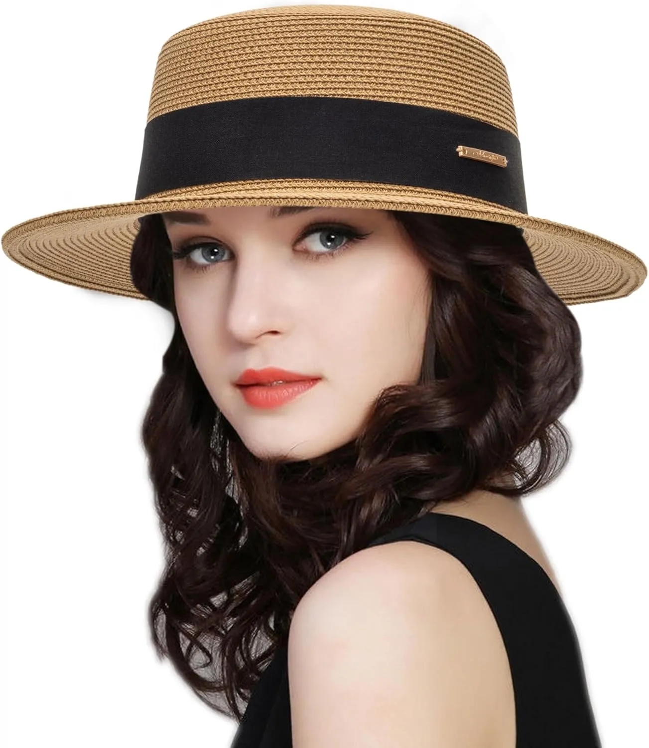 Straw Beach Sun Hat Pork-Pie Boater-Hat for Women Men - Summer Wide Brim Uv-Rays Panama Hat