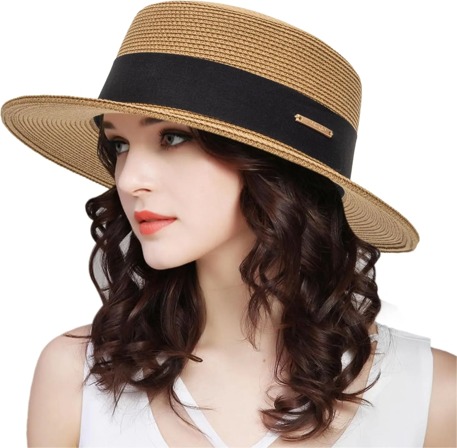 Straw Beach Sun Hat Pork-Pie Boater-Hat for Women Men - Summer Wide Brim Uv-Rays Panama Hat