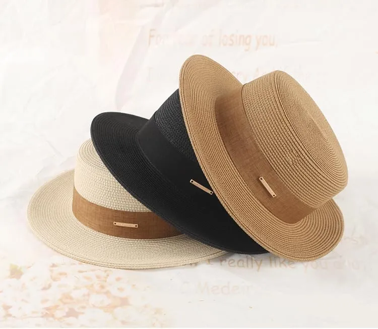 Straw Beach Sun Hat Pork-Pie Boater-Hat for Women Men - Summer Wide Brim Uv-Rays Panama Hat