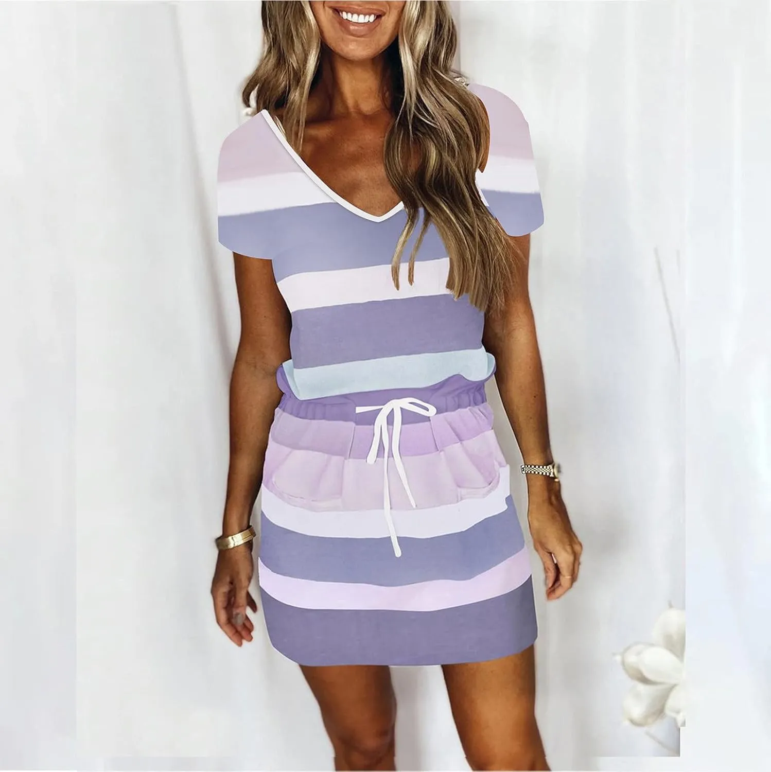 Summer Dresses for Women 2024 Vacation Casual Short Sleeve v Neck Drawstring Mini Dress Striped Tshirt Dress