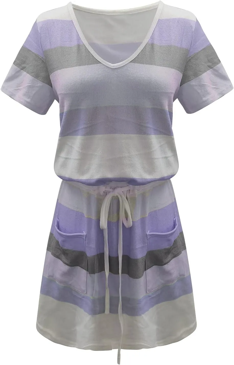 Summer Dresses for Women 2024 Vacation Casual Short Sleeve v Neck Drawstring Mini Dress Striped Tshirt Dress