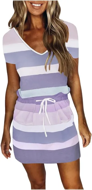 Summer Dresses for Women 2024 Vacation Casual Short Sleeve v Neck Drawstring Mini Dress Striped Tshirt Dress