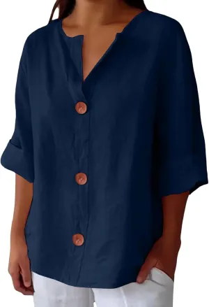 Summer Tops for Women 2025 Trendy 3/4 Sleeve Cotton Linen Shirt Casual Button v Neck Loose Tunic Blouses Outfits