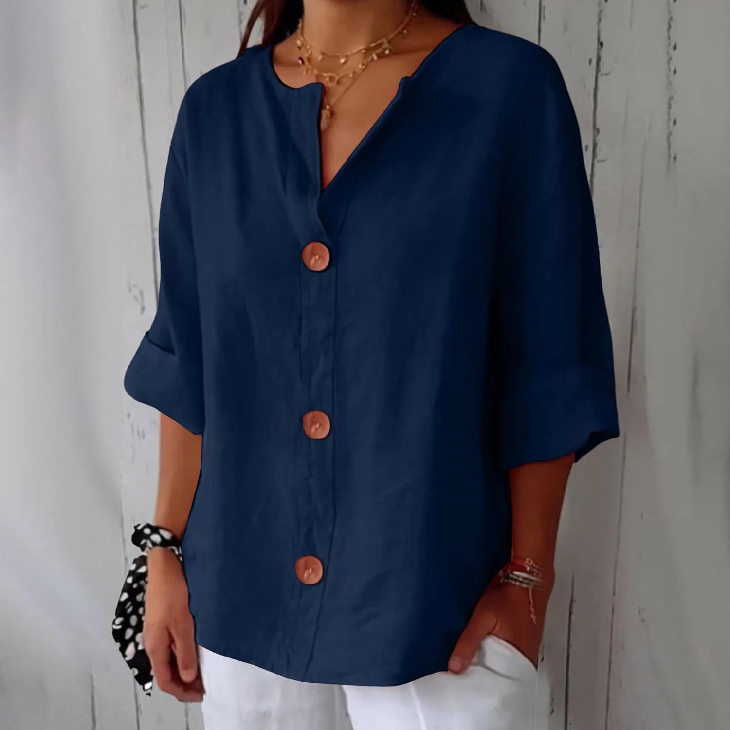 Summer Tops for Women 2025 Trendy 3/4 Sleeve Cotton Linen Shirt Casual Button v Neck Loose Tunic Blouses Outfits