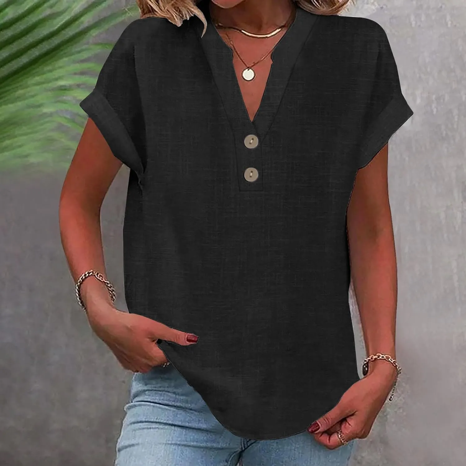 Summer Tops for Women 2025 Trendy Short Sleeve Cotton Linen Shirt Casual Button v Neck Tunic Blouses Outfits