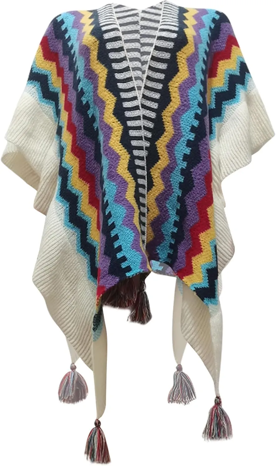 Tcremisa Women's Crochet Knitted Fringe Cardigans Open Front Tassels Fall Winter Shawl Wrap Poncho Cape Coats