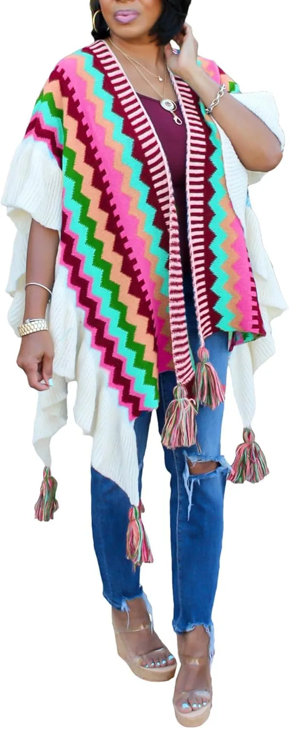 Tcremisa Women's Crochet Knitted Fringe Cardigans Open Front Tassels Fall Winter Shawl Wrap Poncho Cape Coats