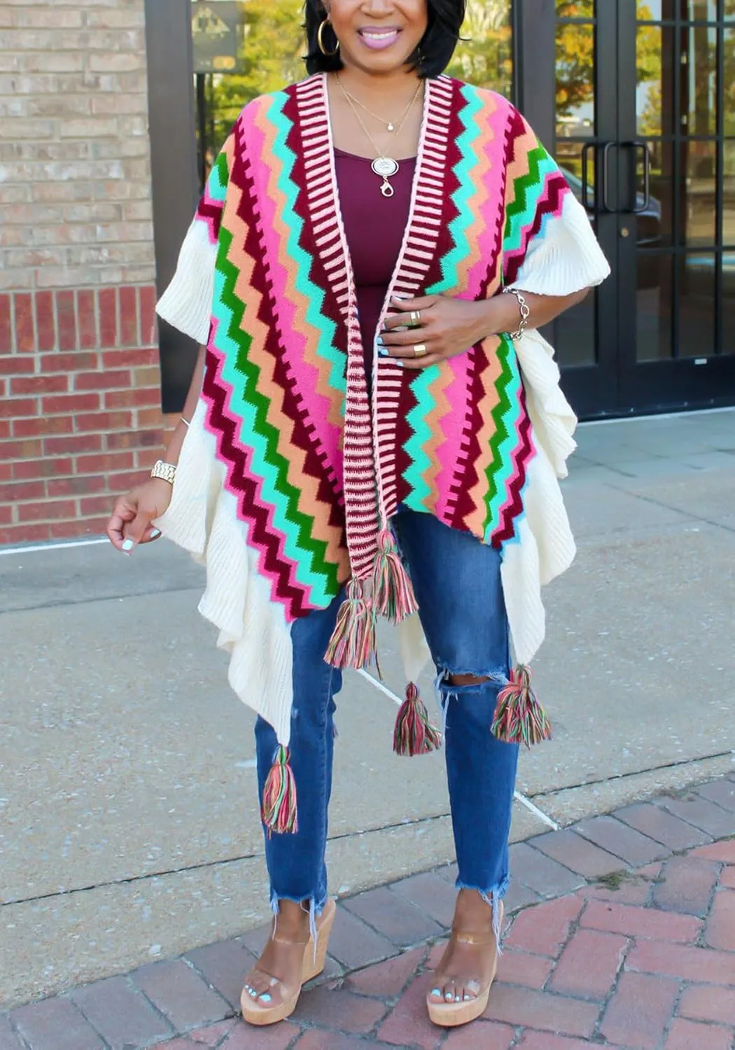 Tcremisa Women's Crochet Knitted Fringe Cardigans Open Front Tassels Fall Winter Shawl Wrap Poncho Cape Coats