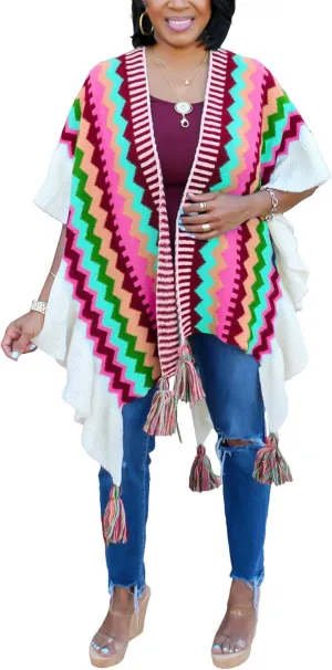 Tcremisa Women's Crochet Knitted Fringe Cardigans Open Front Tassels Fall Winter Shawl Wrap Poncho Cape Coats