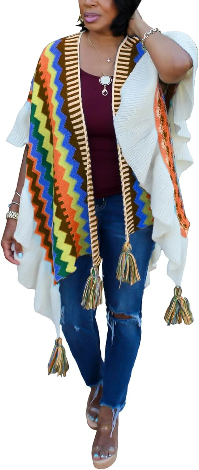 Tcremisa Women's Crochet Knitted Fringe Cardigans Open Front Tassels Fall Winter Shawl Wrap Poncho Cape Coats