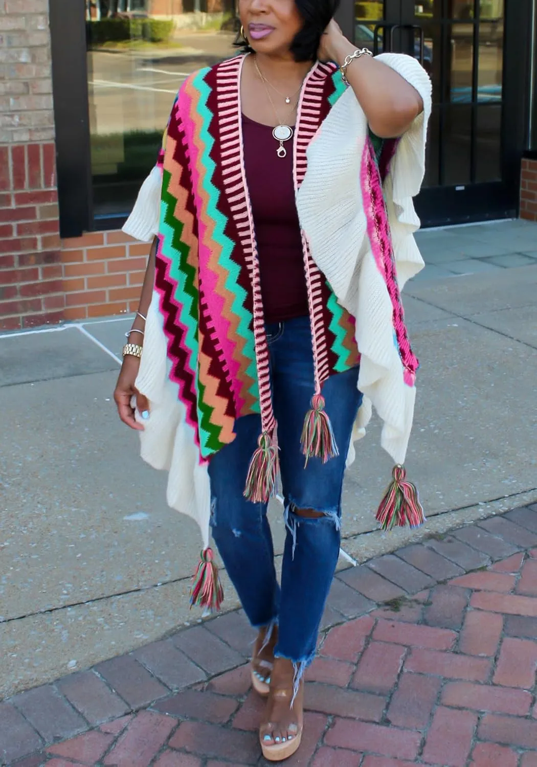 Tcremisa Women's Crochet Knitted Fringe Cardigans Open Front Tassels Fall Winter Shawl Wrap Poncho Cape Coats