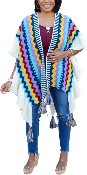 Tcremisa Women's Crochet Knitted Fringe Cardigans Open Front Tassels Fall Winter Shawl Wrap Poncho Cape Coats