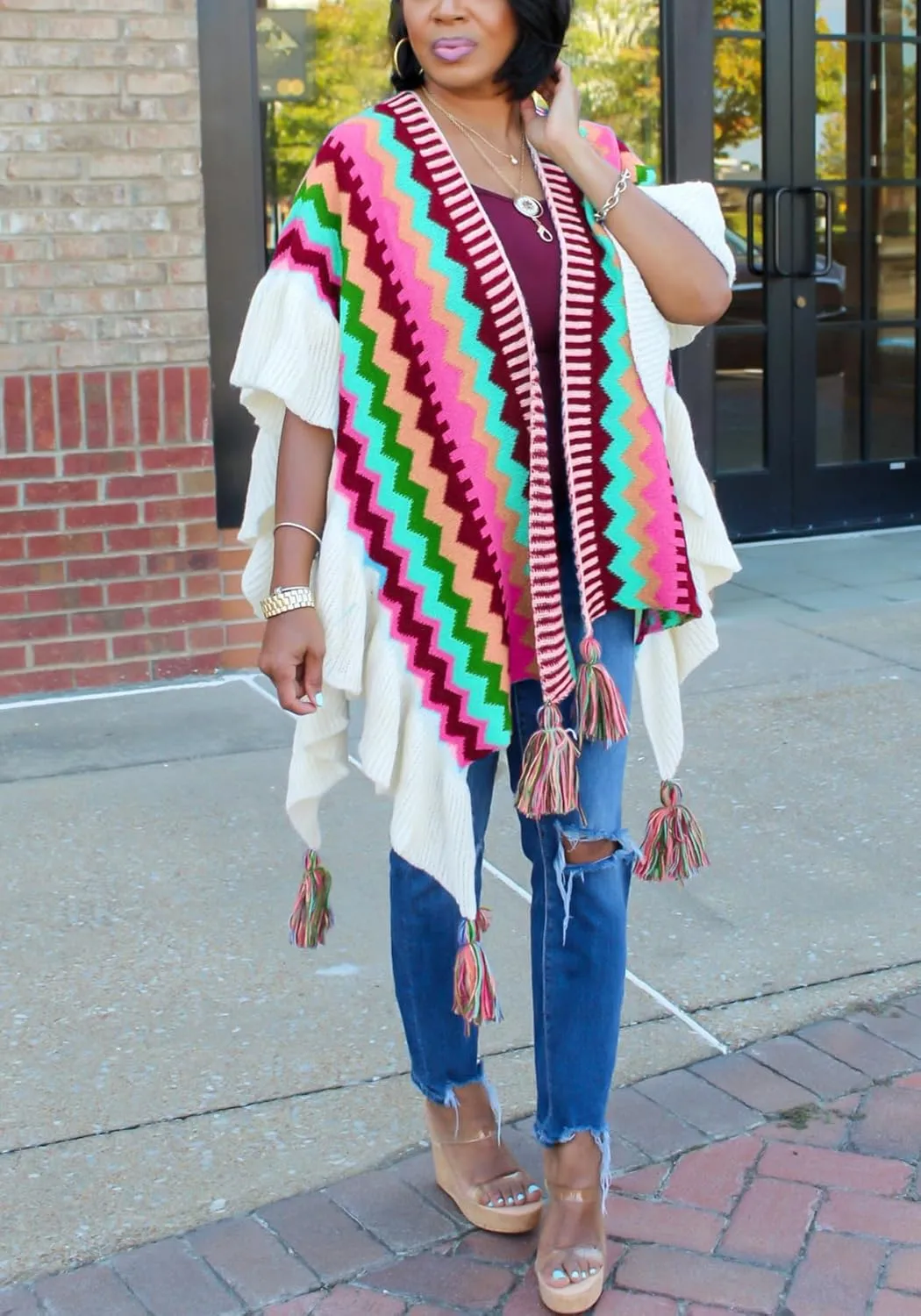 Tcremisa Women's Crochet Knitted Fringe Cardigans Open Front Tassels Fall Winter Shawl Wrap Poncho Cape Coats