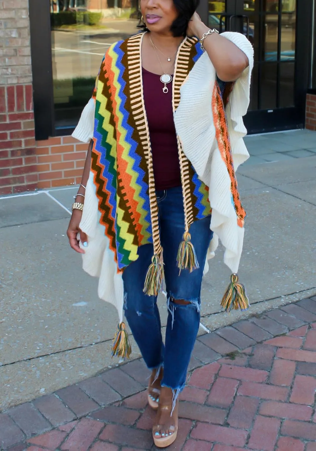 Tcremisa Women's Crochet Knitted Fringe Cardigans Open Front Tassels Fall Winter Shawl Wrap Poncho Cape Coats