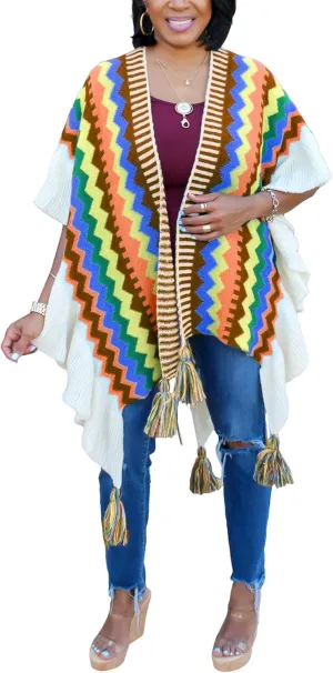 Tcremisa Women's Crochet Knitted Fringe Cardigans Open Front Tassels Fall Winter Shawl Wrap Poncho Cape Coats