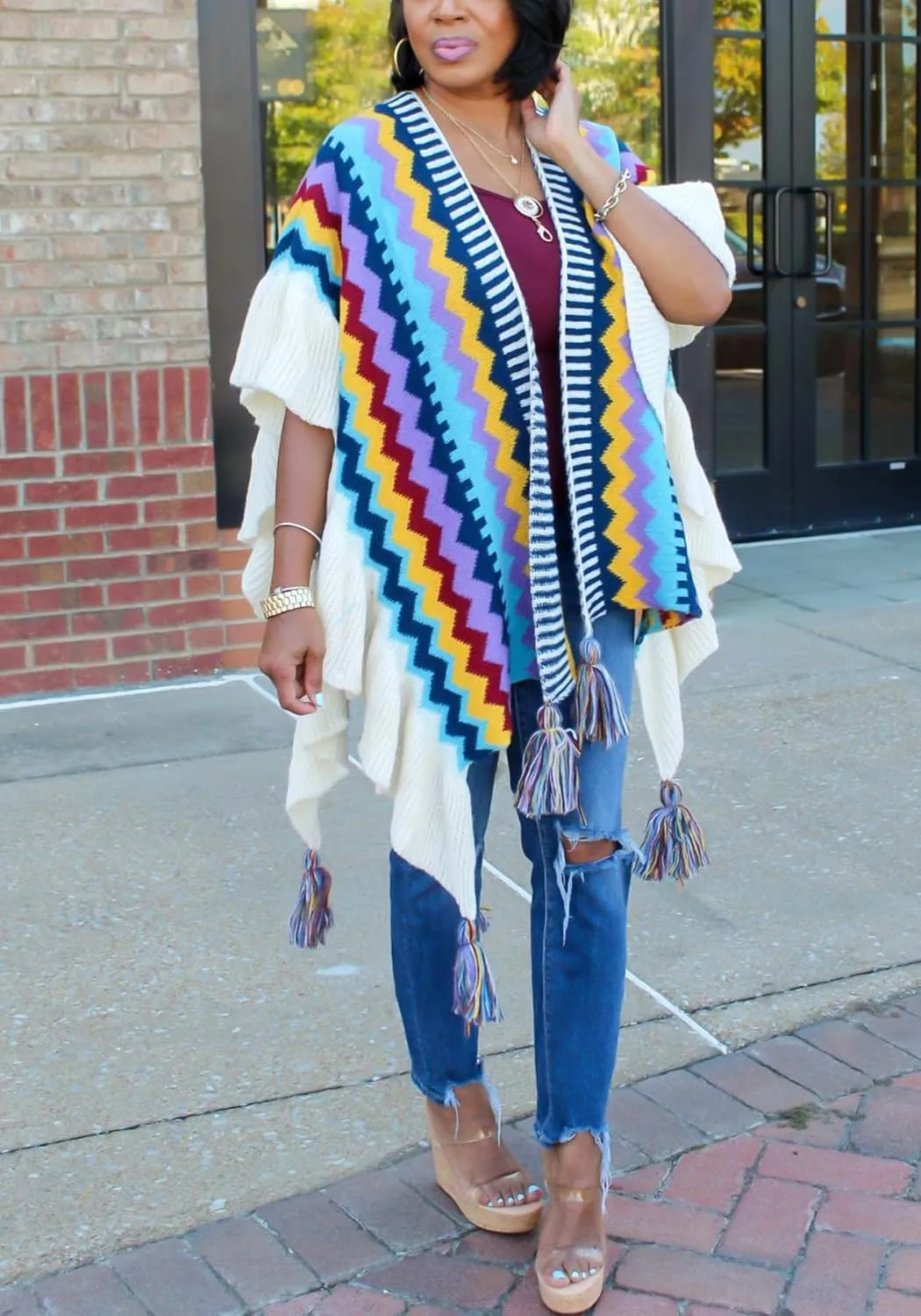 Tcremisa Women's Crochet Knitted Fringe Cardigans Open Front Tassels Fall Winter Shawl Wrap Poncho Cape Coats