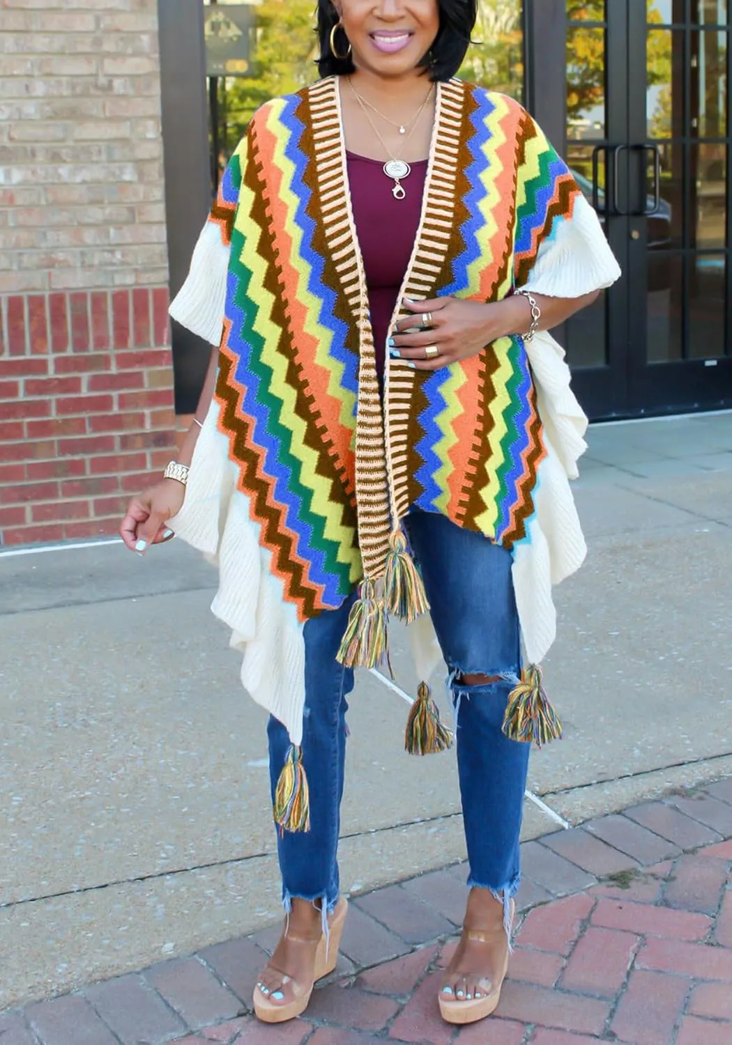 Tcremisa Women's Crochet Knitted Fringe Cardigans Open Front Tassels Fall Winter Shawl Wrap Poncho Cape Coats