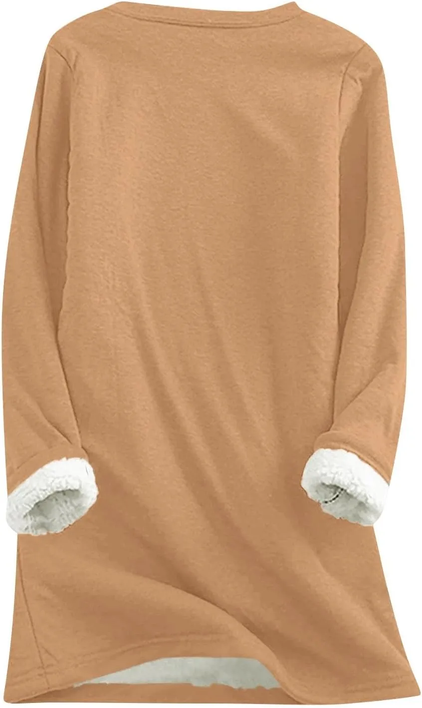 Thermal Underwear for Women Warm Sherpa Lined Fleece Crewneck Sweatshirt Fuzzy Long Sleeve Pullover Loungewear Tops