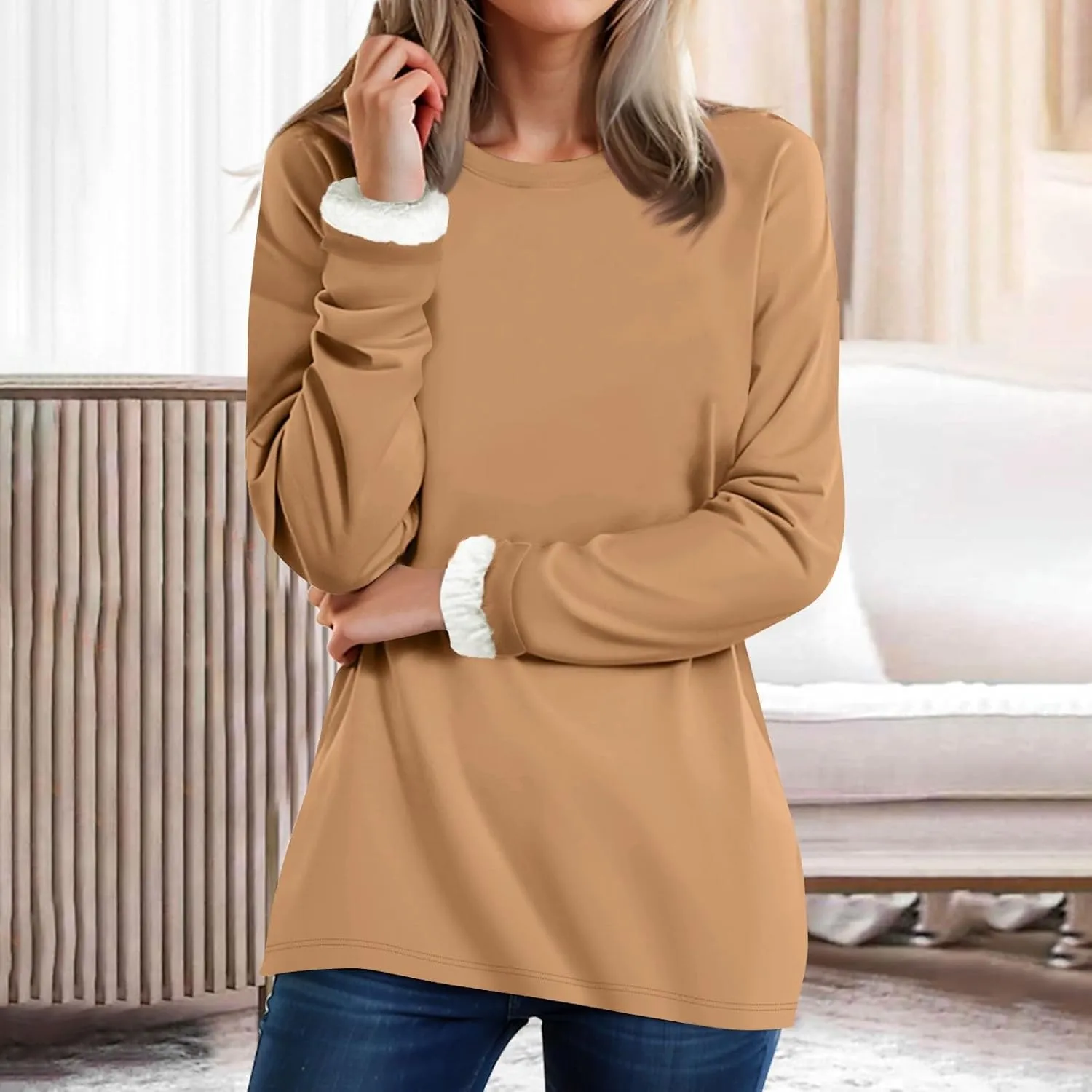 Thermal Underwear for Women Warm Sherpa Lined Fleece Crewneck Sweatshirt Fuzzy Long Sleeve Pullover Loungewear Tops