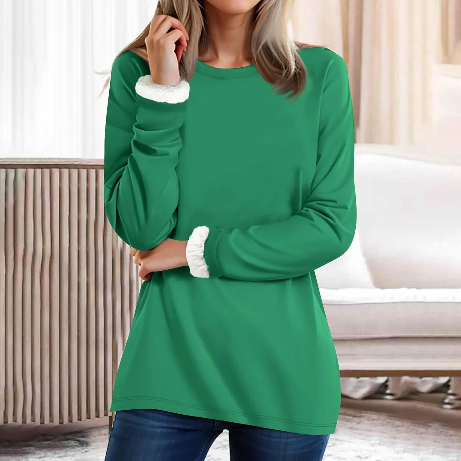 Thermal Underwear for Women Warm Sherpa Lined Fleece Crewneck Sweatshirt Fuzzy Long Sleeve Pullover Loungewear Tops