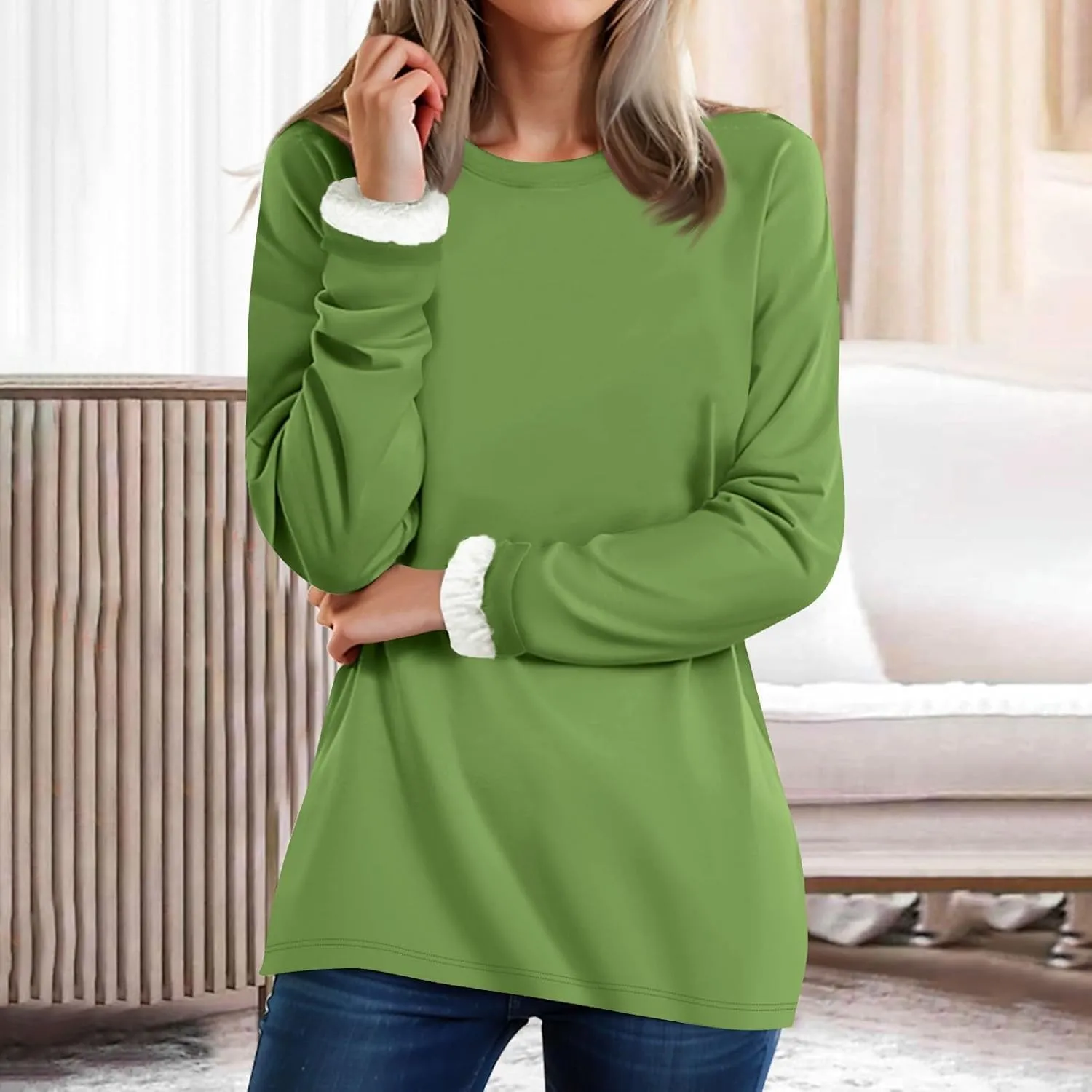 Thermal Underwear for Women Warm Sherpa Lined Fleece Crewneck Sweatshirt Fuzzy Long Sleeve Pullover Loungewear Tops