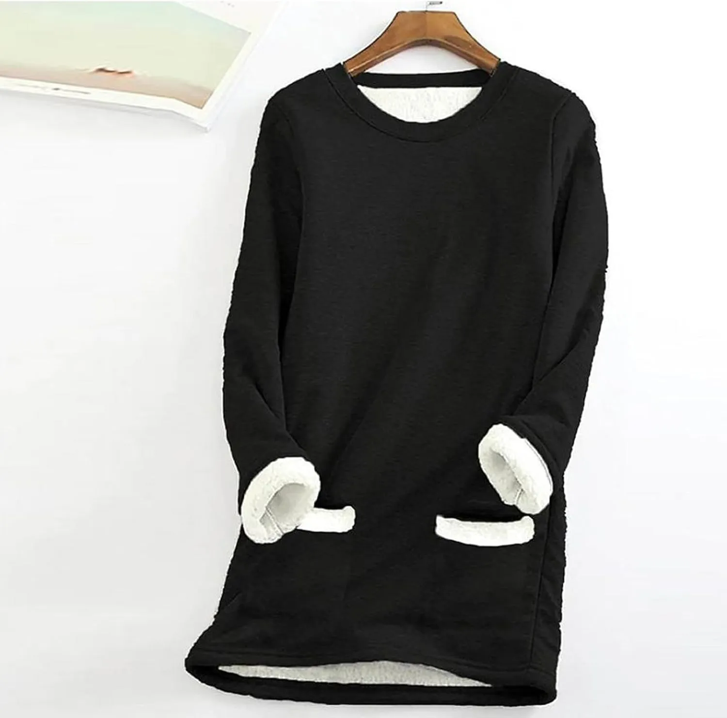 Thermal Underwear for Women Warm Sherpa Lined Fleece Crewneck Sweatshirt Fuzzy Long Sleeve Pullover Loungewear Tops