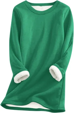 Thermal Underwear for Women Warm Sherpa Lined Fleece Crewneck Sweatshirt Fuzzy Long Sleeve Pullover Loungewear Tops