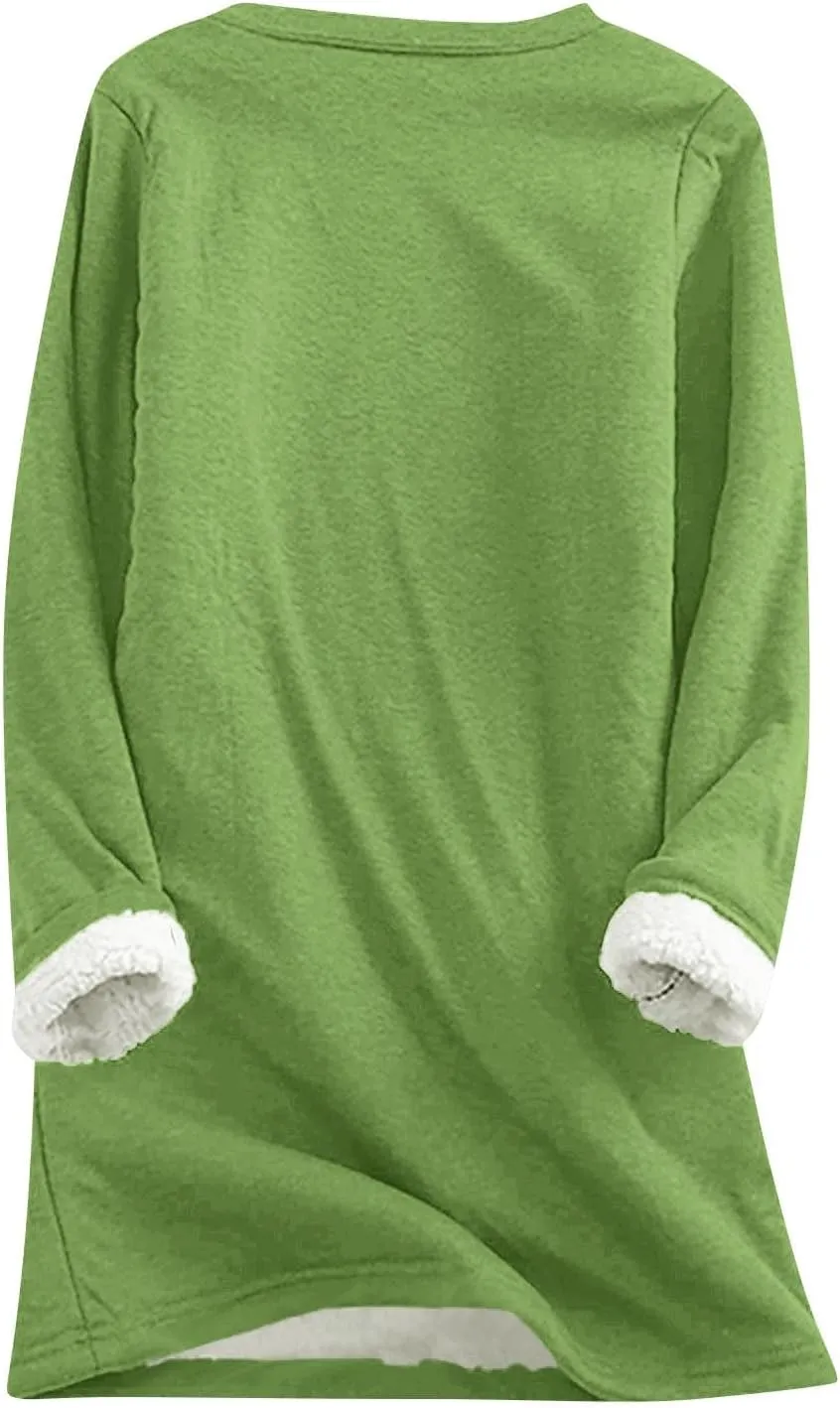 Thermal Underwear for Women Warm Sherpa Lined Fleece Crewneck Sweatshirt Fuzzy Long Sleeve Pullover Loungewear Tops