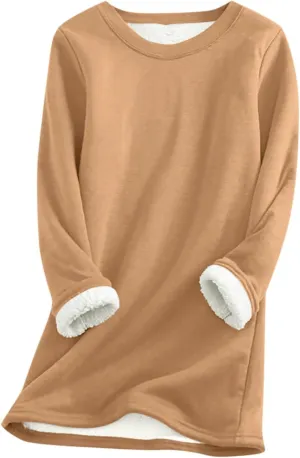 Thermal Underwear for Women Warm Sherpa Lined Fleece Crewneck Sweatshirt Fuzzy Long Sleeve Pullover Loungewear Tops