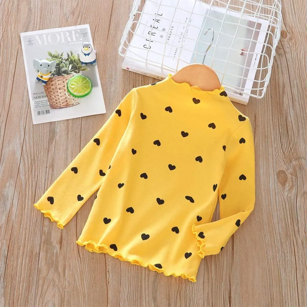 Toddler Baby Little Girls Cotton Pullover Turtleneck T Shirt Top Long Sleeve Bottoming Shirt Basic Heart Print Blouse