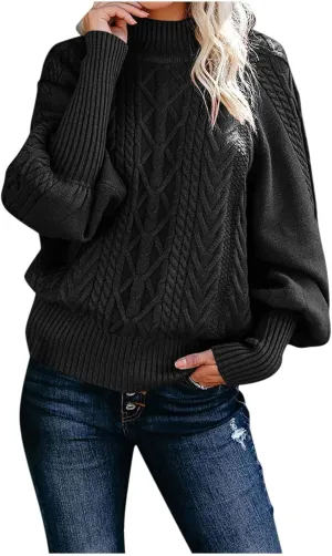 Turtleneck Sweater for Women Oversized Pullover Sweaters Cable Knit Batwing Long Sleeve Loose Fit Chunky Jumper Tops