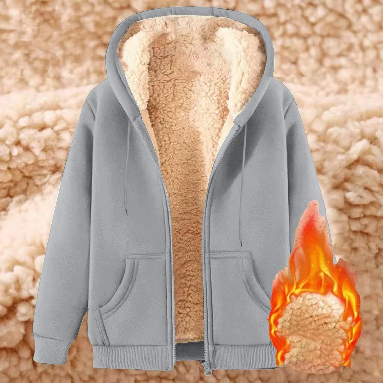 Unisex Fleece Hooded Jacket Women Mens Solid Color Sherpa Lined Full Zip Hoodies Winter Fashion Warm Sweatshirts