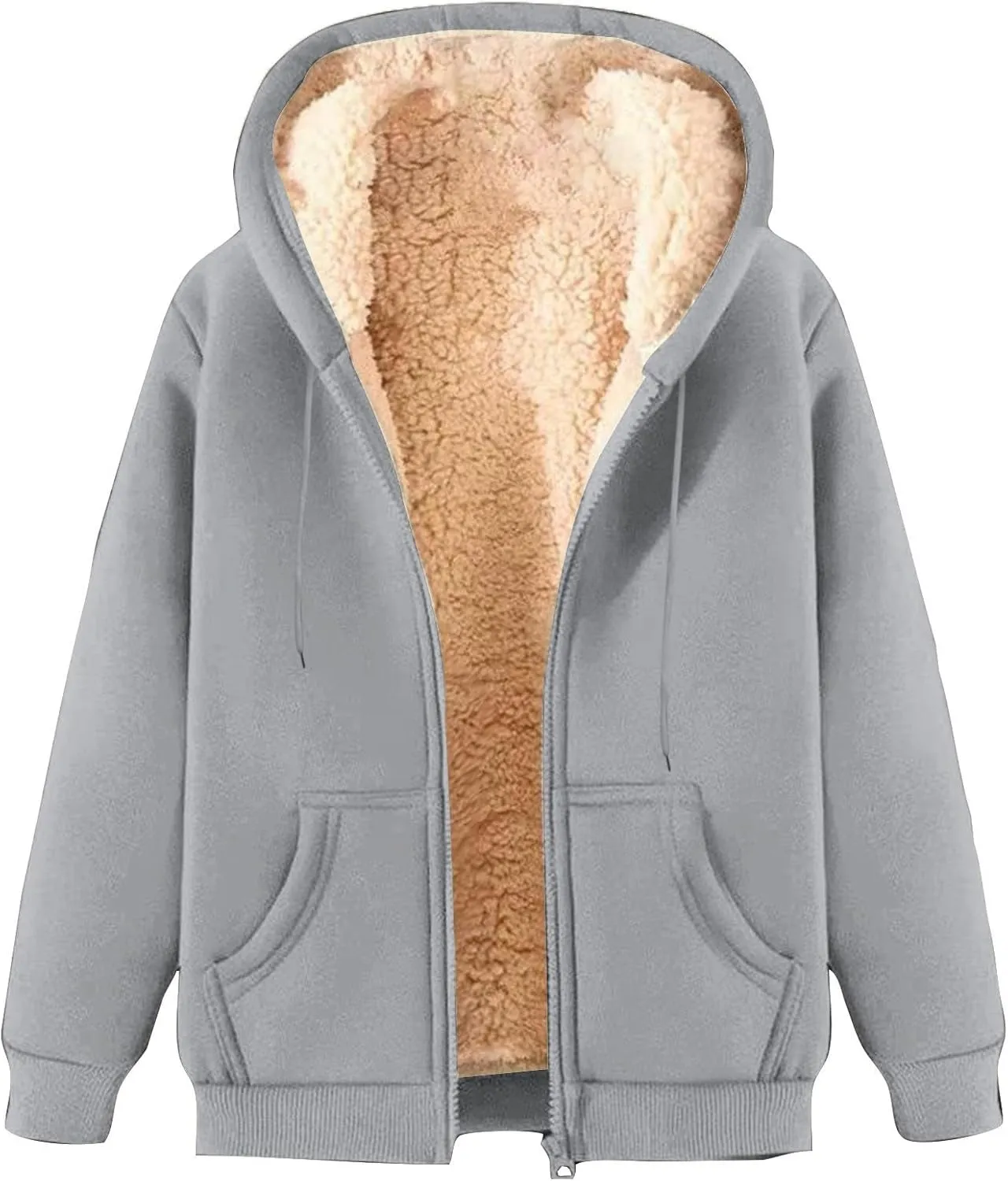 Unisex Fleece Hooded Jacket Women Mens Solid Color Sherpa Lined Full Zip Hoodies Winter Fashion Warm Sweatshirts