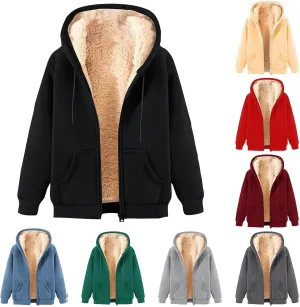 Unisex Fleece Hooded Jacket Women Mens Solid Color Sherpa Lined Full Zip Hoodies Winter Fashion Warm Sweatshirts
