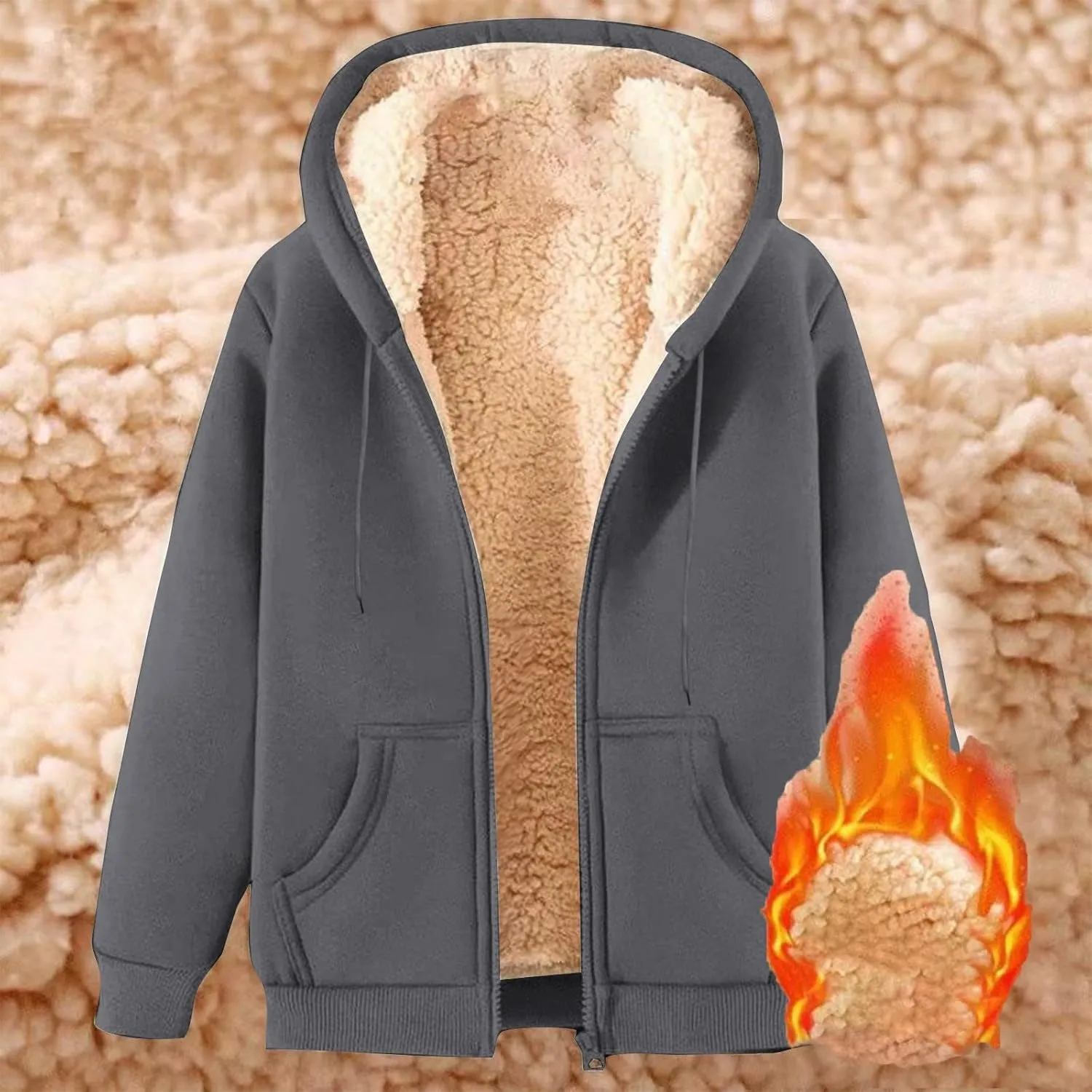 Unisex Fleece Hooded Jacket Women Mens Solid Color Sherpa Lined Full Zip Hoodies Winter Fashion Warm Sweatshirts