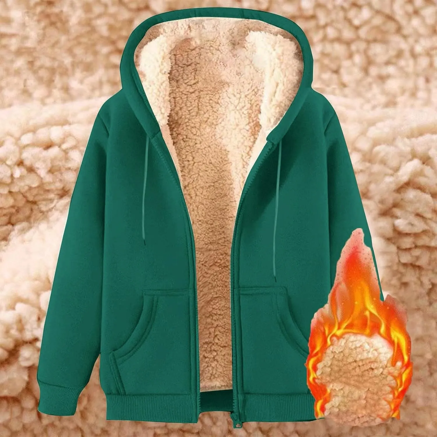 Unisex Fleece Hooded Jacket Women Mens Solid Color Sherpa Lined Full Zip Hoodies Winter Fashion Warm Sweatshirts