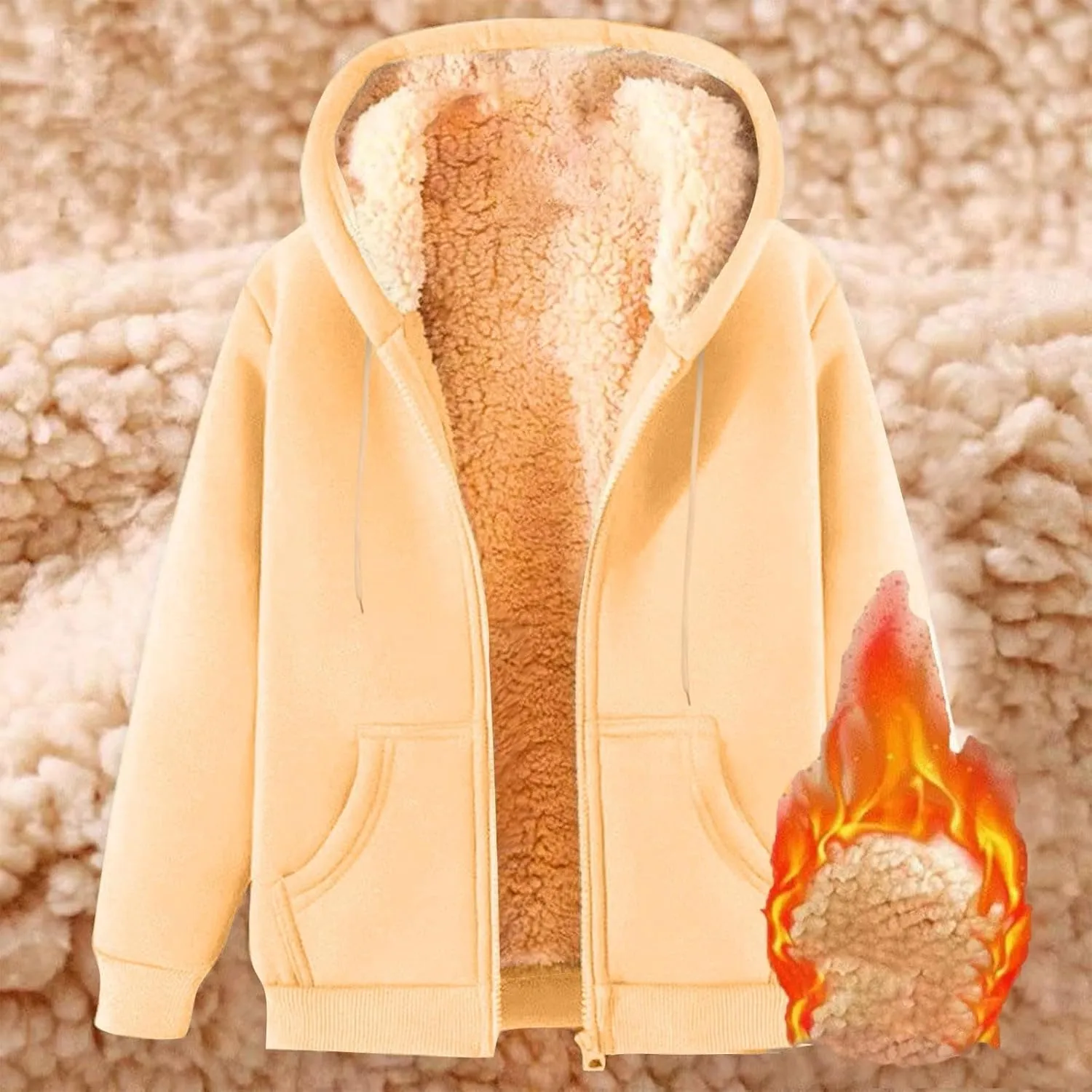 Unisex Fleece Hooded Jacket Women Mens Solid Color Sherpa Lined Full Zip Hoodies Winter Fashion Warm Sweatshirts