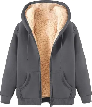 Unisex Fleece Hooded Jacket Women Mens Solid Color Sherpa Lined Full Zip Hoodies Winter Fashion Warm Sweatshirts