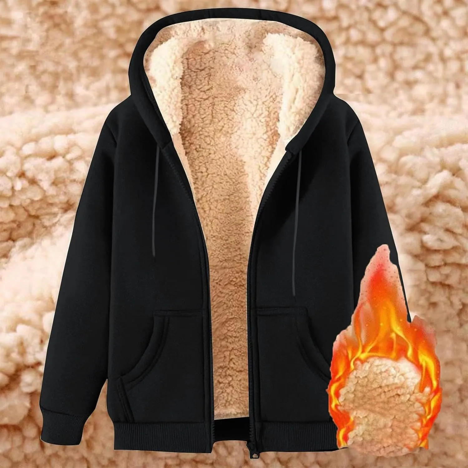 Unisex Fleece Hooded Jacket Women Mens Solid Color Sherpa Lined Full Zip Hoodies Winter Fashion Warm Sweatshirts