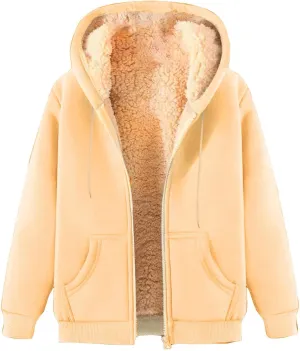 Unisex Fleece Hooded Jacket Women Mens Solid Color Sherpa Lined Full Zip Hoodies Winter Fashion Warm Sweatshirts