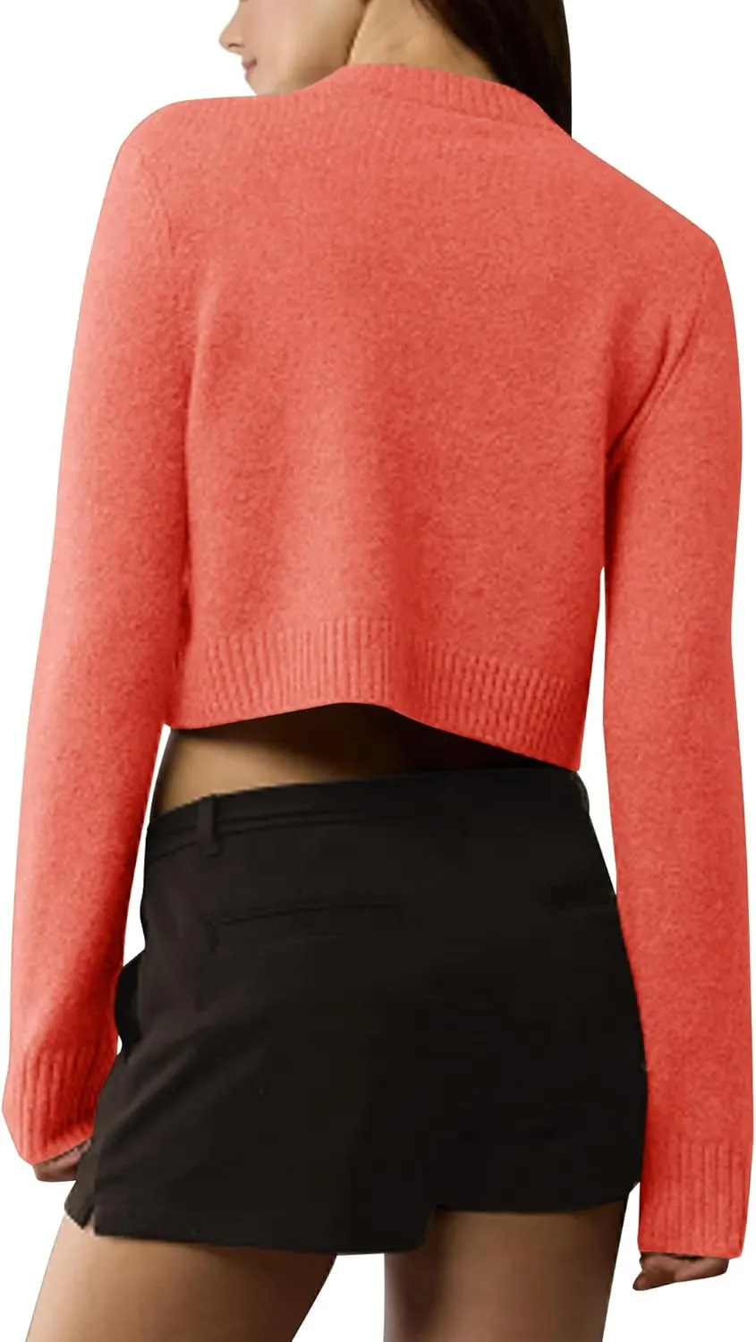 Urban CoCo Women's Crew Neck Cropped Cardigan Sweaters Long Sleeve Open Front Button Down Sweater Jackets