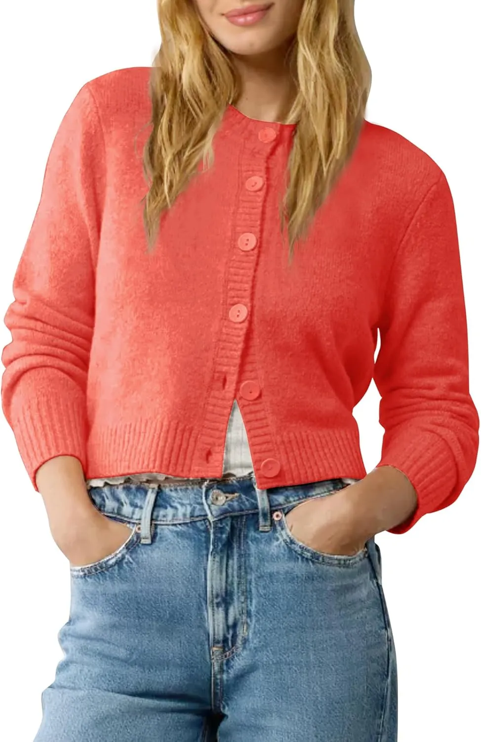 Urban CoCo Women's Crew Neck Cropped Cardigan Sweaters Long Sleeve Open Front Button Down Sweater Jackets