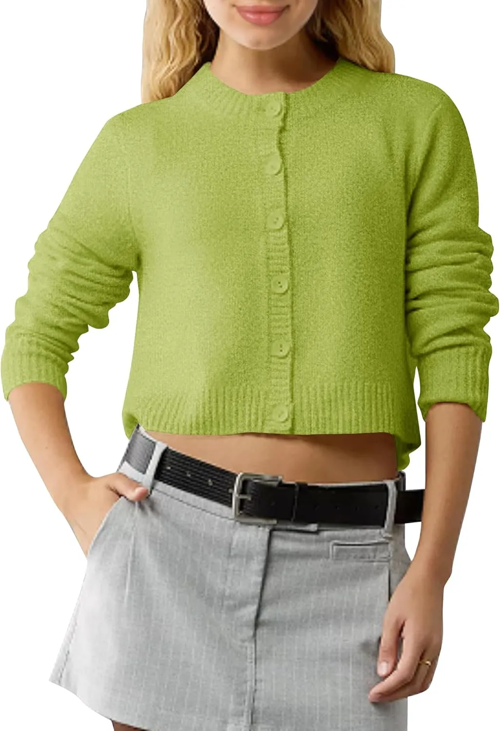 Urban CoCo Women's Crew Neck Cropped Cardigan Sweaters Long Sleeve Open Front Button Down Sweater Jackets