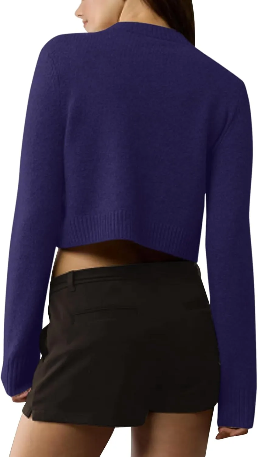 Urban CoCo Women's Crew Neck Cropped Cardigan Sweaters Long Sleeve Open Front Button Down Sweater Jackets
